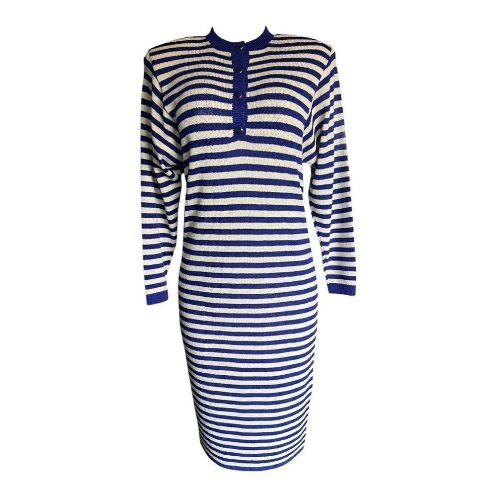 St.John by Marie gray Striped Blue and White Long Sleeve Dress